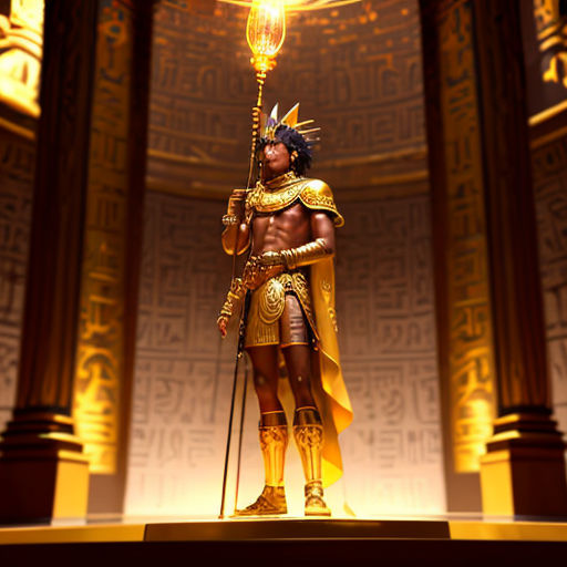 a statue of a man in a golden outfit holding a lamp in a room with gold walls and columns