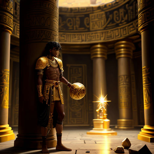 a man in a golden outfit holding a ball in a room with columns and columns on either side of him