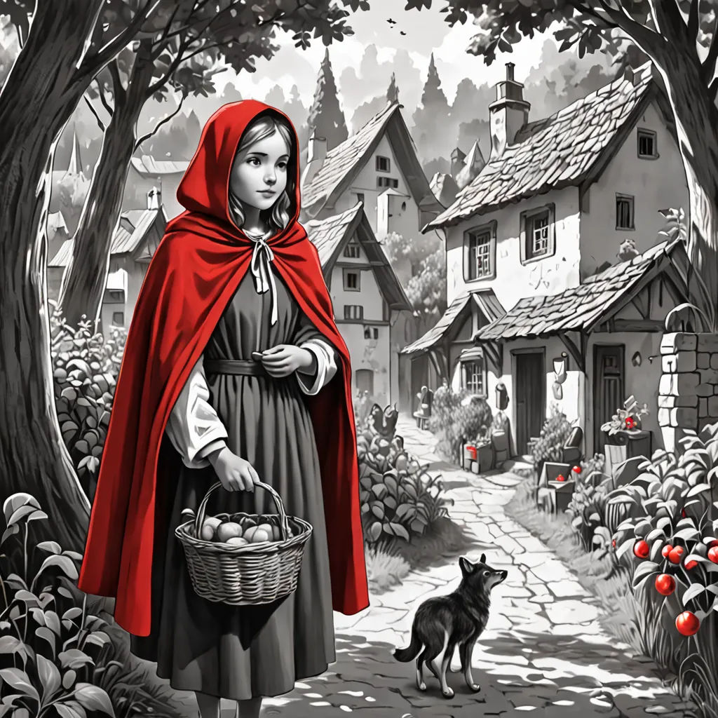 a woman in a red cloak is walking with a dog in a garden with apples in a basket and a dog in the foreground, magical realism, a storybook illustration, Bob Ringwood, storybook illustration