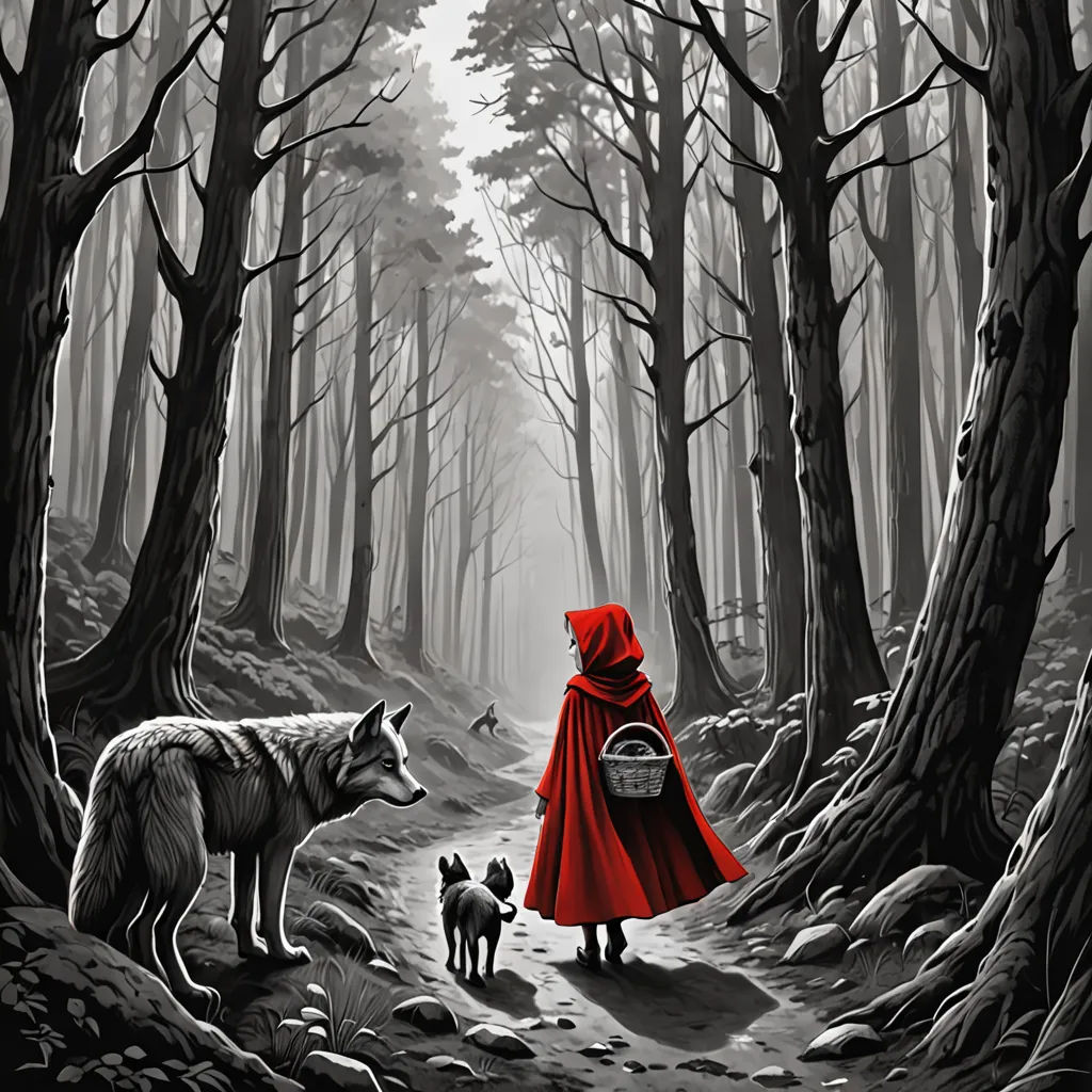 a woman in a red cloak and a dog in a forest with trees and rocks, with a wolf and a woman in a red cloak, magical realism, a storybook illustration, Dan Mumford, storybook illustration