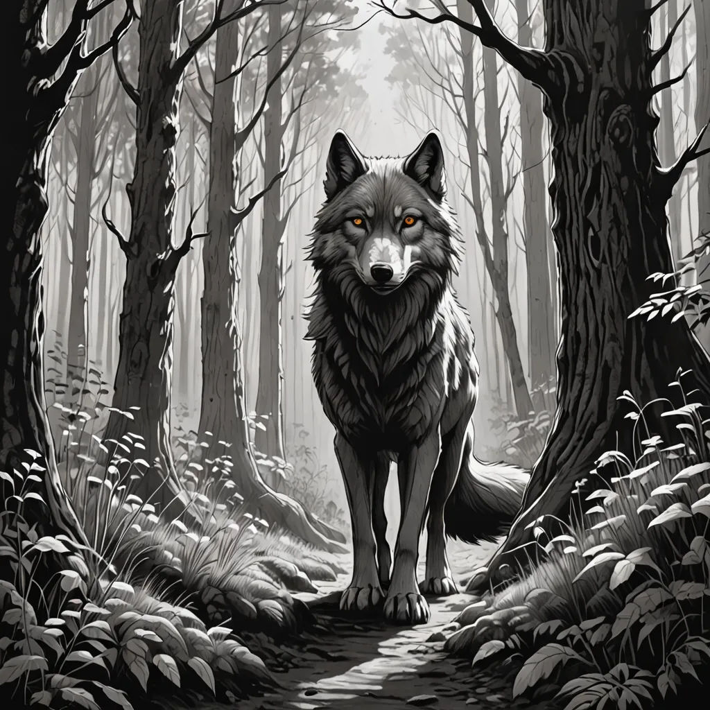 a black and white painting of a wolf in a forest with trees and grass, with a path leading to it, furry art, poster art, Dan Mumford, comic cover art
