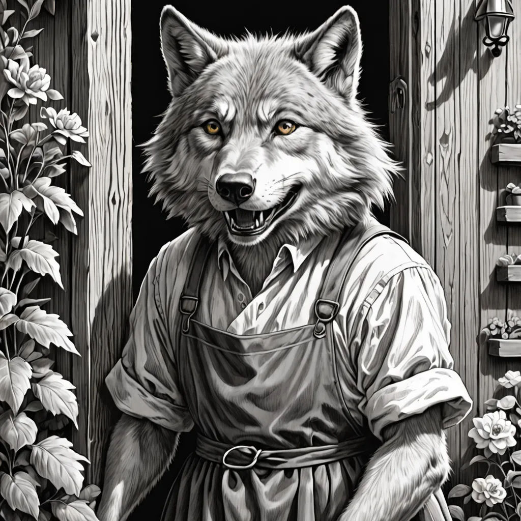 a drawing of a wolf in a dress and tie standing in front of a door with flowers and plants, furry art, an ultrafine detailed painting, Aaron Jasinski, hyper-detailed