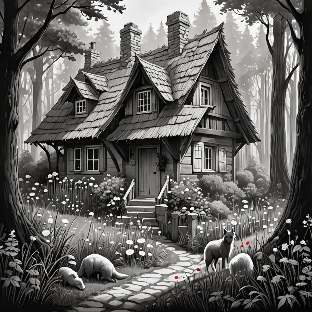a painting of a house in the woods with sheep grazing in front of it and a dog laying on the ground, fantasy art, a storybook illustration, Diego Gisbert Llorens, storybook illustration