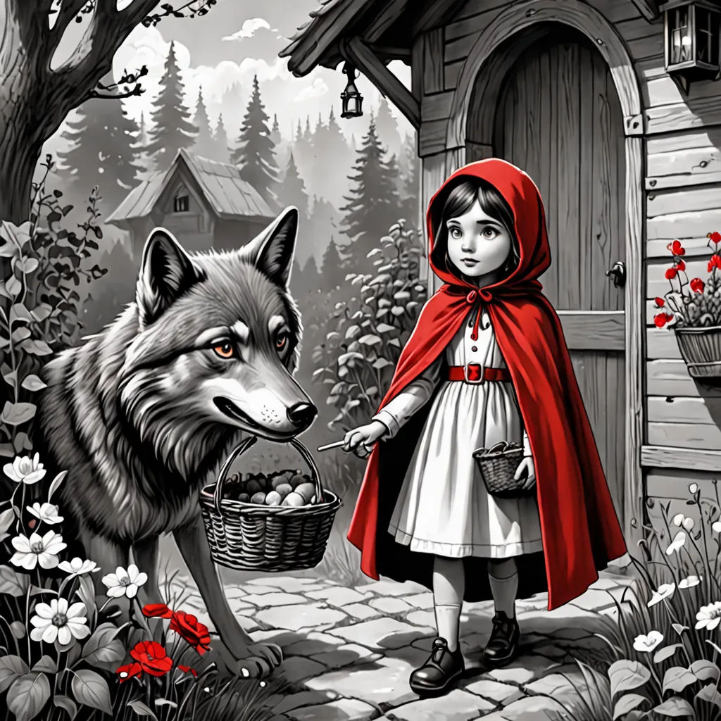 a little red riding a horse with a wolf in front of a house and a girl in a red cape, fantasy art, a storybook illustration, Aaron Jasinski, storybook illustration