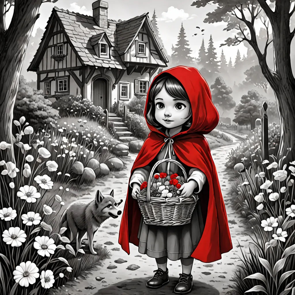 a little red riding hood holding a basket of flowers in a forest with a dog nearby and a house in the background, gothic art, a storybook illustration, Bob Ringwood, storybook illustration
