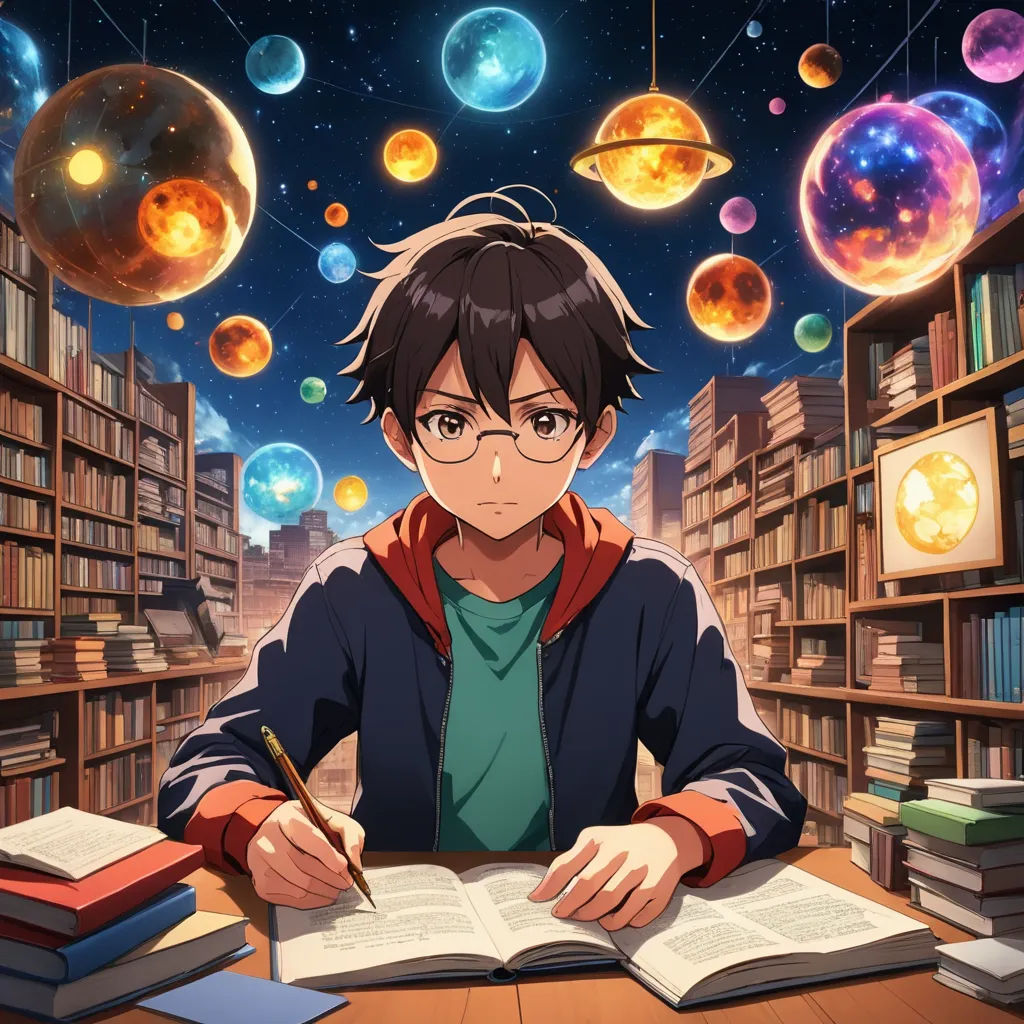 a man sitting at a table with a book and pen in front of him and a bunch of books floating around him, academic art, computer graphics, Aguri Uchida, anime key visual
