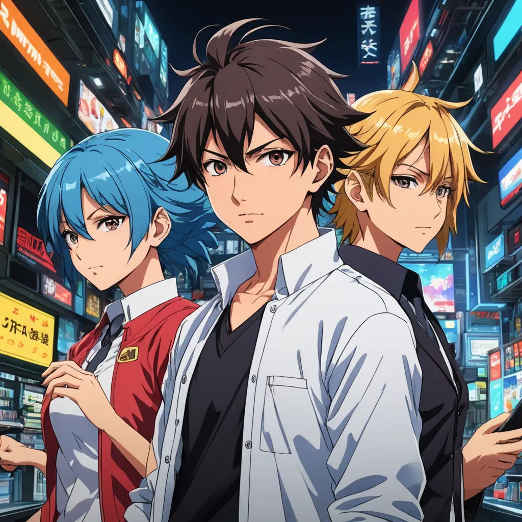 a group of people standing in front of a store window with neon lights in the background and a cityscape in the background, serial art, poster art, Ai-Mitsu, anime key visual