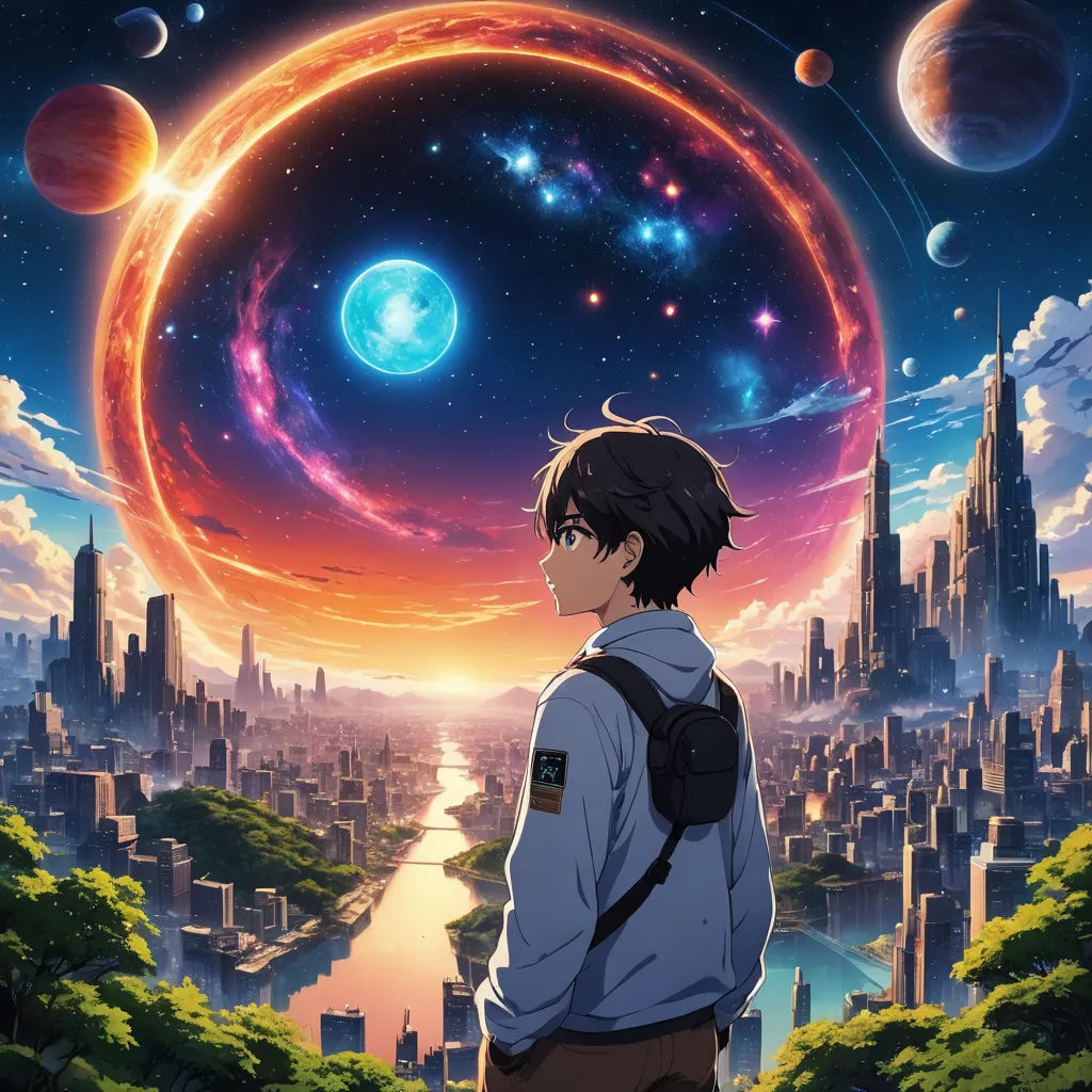 a man looking at a planet in the sky with a city in the background and a river running through it, space art, poster art, Ai-Mitsu, anime key visual