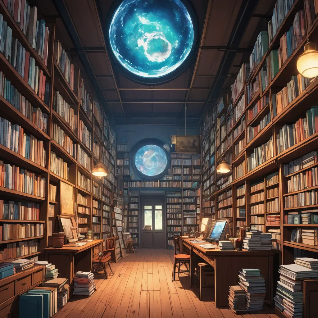 a library with a lot of books and a clock on the ceiling and a round window with a planet in the center, space art, a detailed matte painting, Chris LaBrooy, unreal engine render