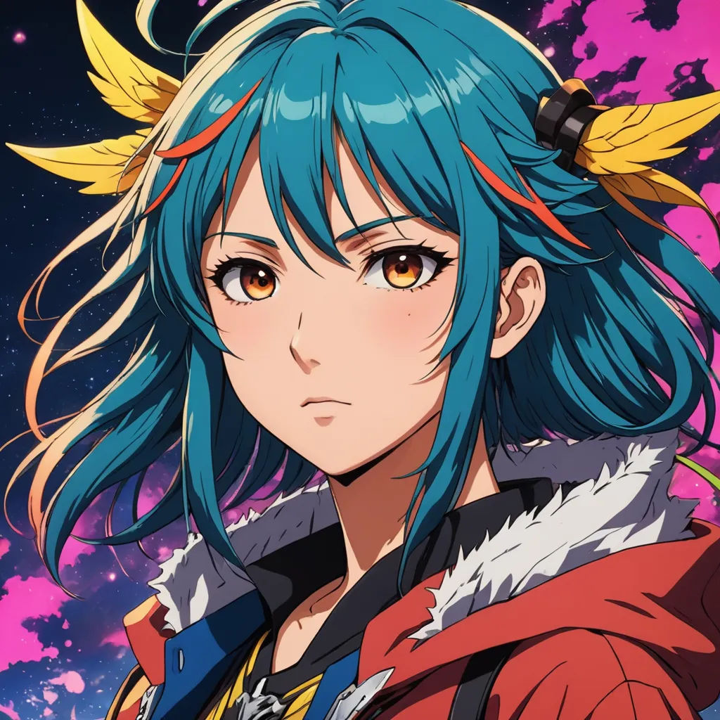a girl with blue hair and yellow eyes in front of a pink background with stars and clouds in the background, space art, poster art, Aya Goda, anime key visual