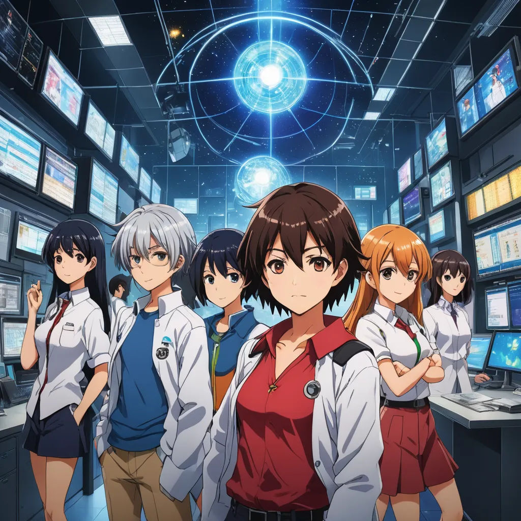 a group of people standing in a room with computers on the wall and a tv in the background with a blue light, rayonism, computer graphics, Ai-Mitsu, anime key visual