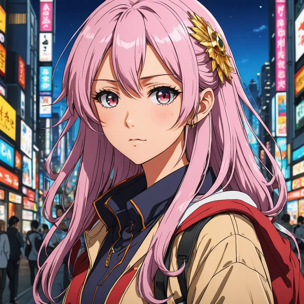 a girl with pink hair and a pink wig in a city at night with neon signs and people in the background, neogeo, a character portrait, Aguri Uchida, official art