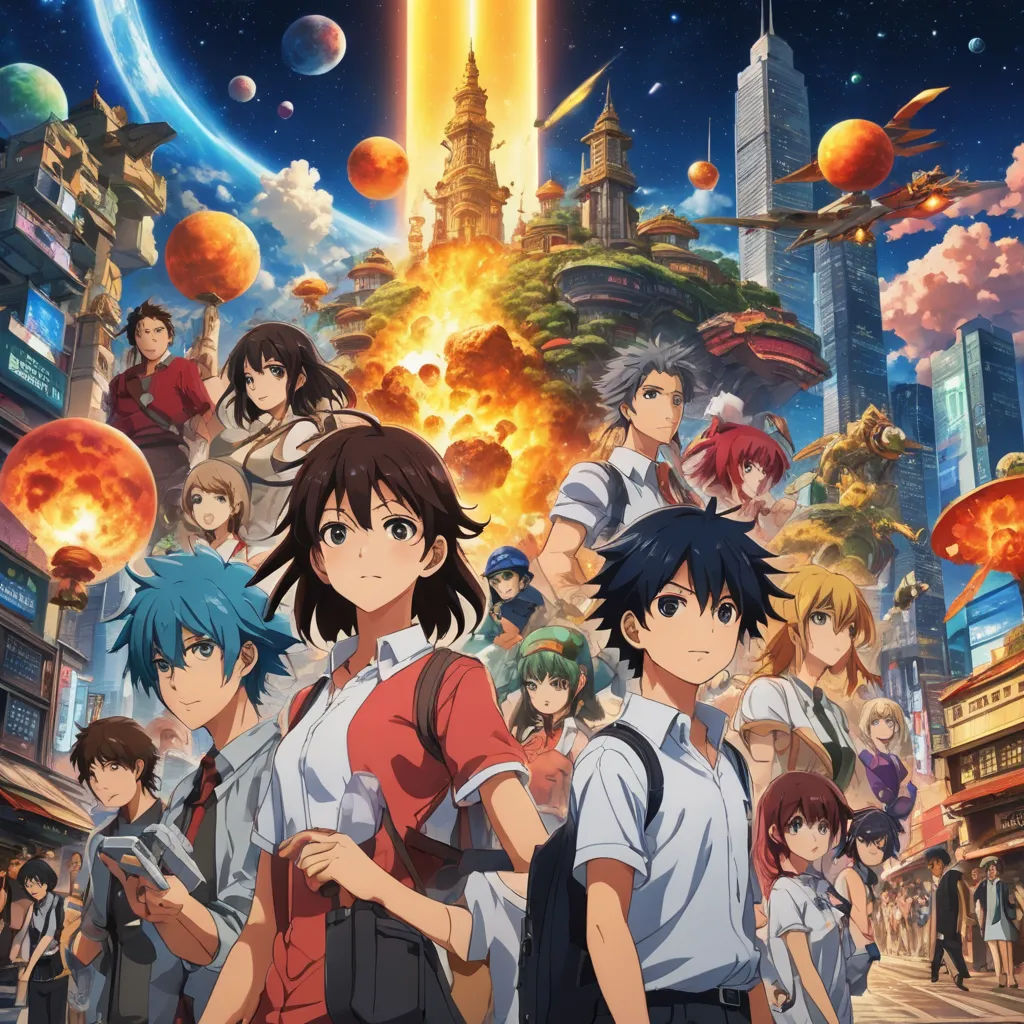 a group of people standing in front of a city with a rocket in the background and a sky full of planets, space art, poster art, Aya Goda, official art