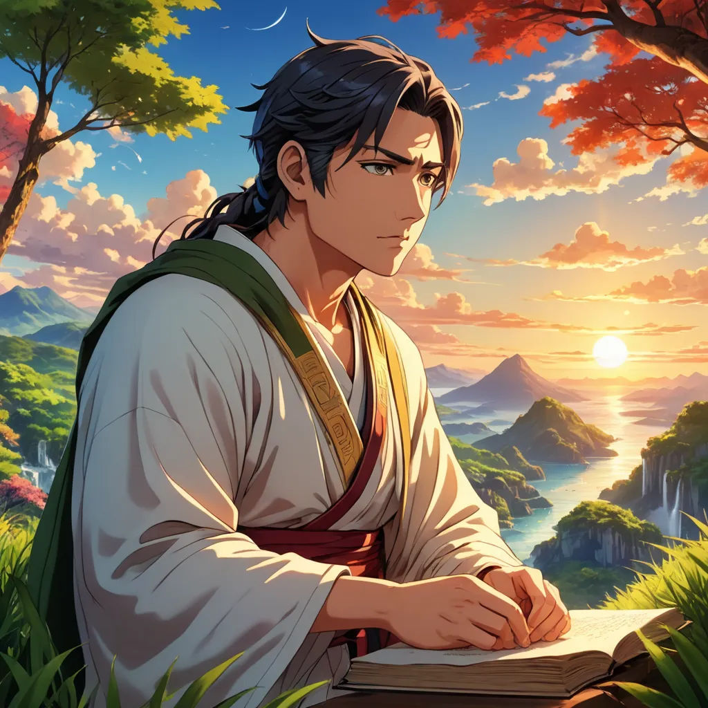 a man sitting on a bench in front of a book in the forest with a sunset behind him and a book in his hand, dau-al-set, a character portrait, Awataguchi Takamitsu, official art