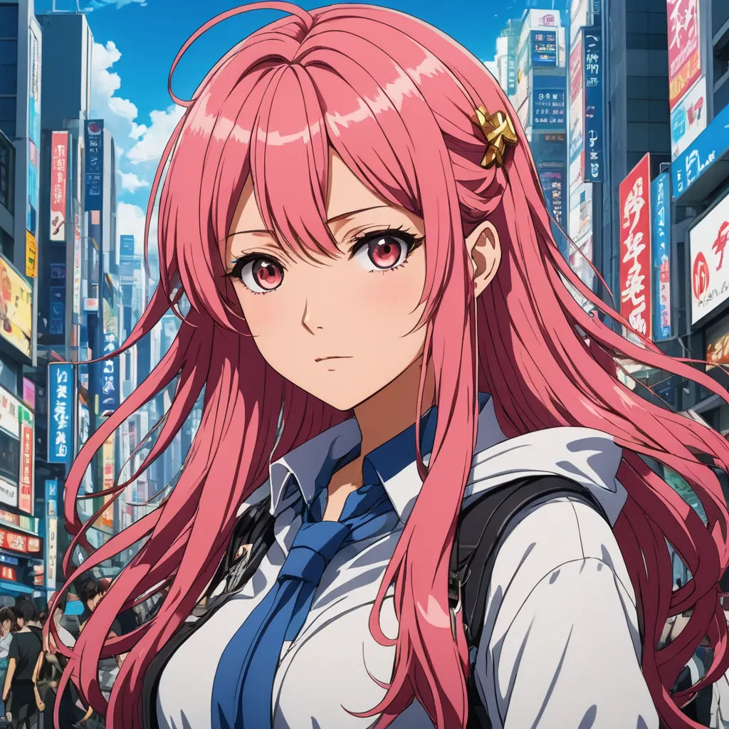 a girl with pink hair and a ponytail in a city street with people in the background and a sign that says,, graffiti, a character portrait, Aguri Uchida, anime key visual