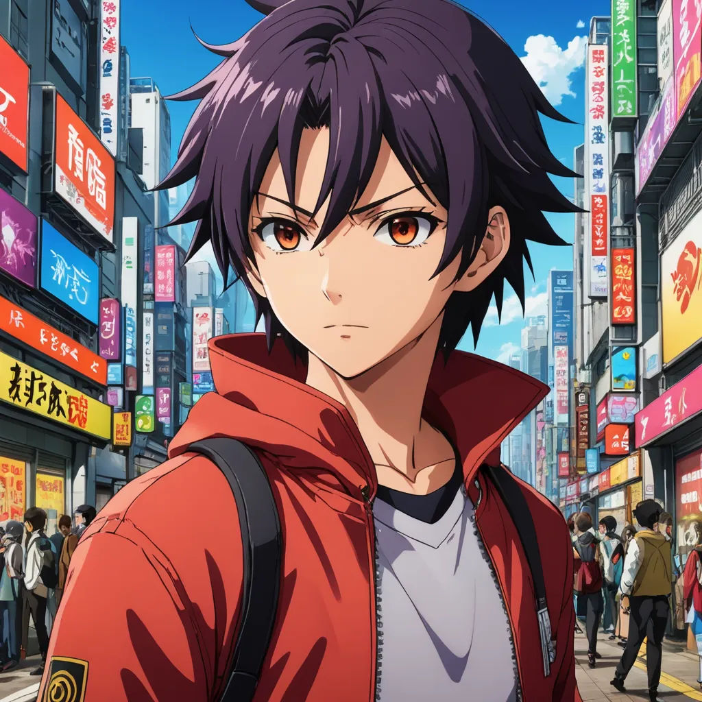 a man in a red jacket standing in front of a city street with people walking around him and a woman in a red jacket, rayonism, a character portrait, Cedric Seaut (Keos Masons), anime key visual