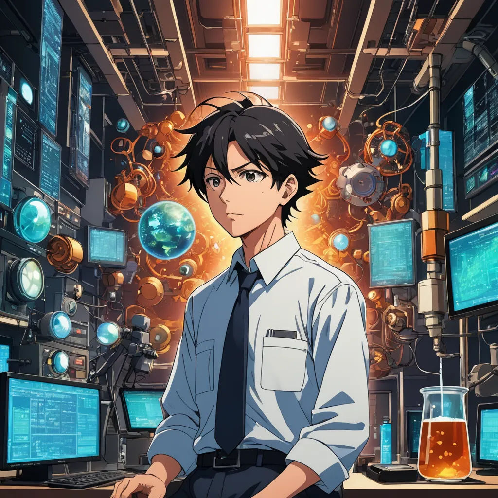 a man in a tie standing in front of a computer screen with a lot of monitors on it and a lot of bubbles, rayonism, computer graphics, Ai-Mitsu, anime key visual