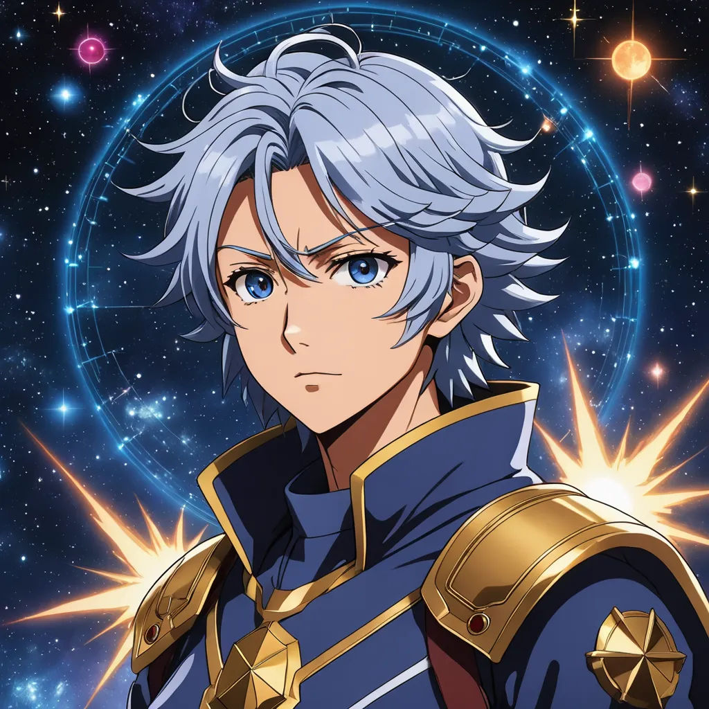 a man in a space suit with blue hair and a star in the background with a circle of stars, space art, poster art, Ai-Mitsu, anime key visual