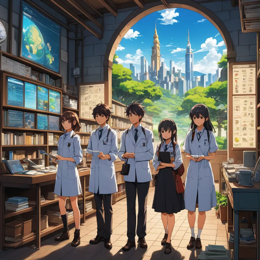 a group of people standing in a library with a city in the background and a window with a view of a city, rayonism, poster art, Ai-Mitsu, official art