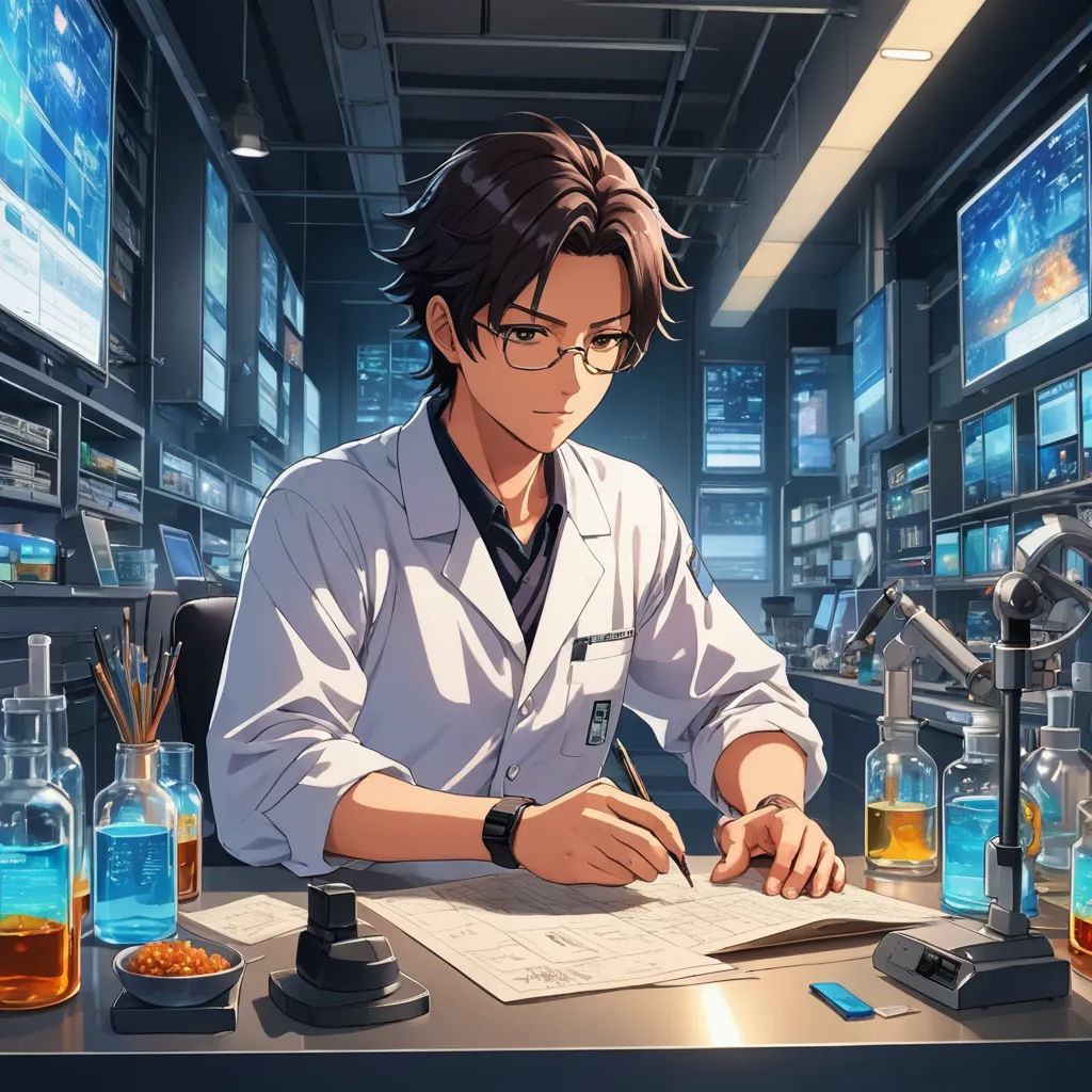 a man in a lab coat writing on a piece of paper in front of a microscope and a lot of bottles, remodernism, concept art, Aguri Uchida, official art