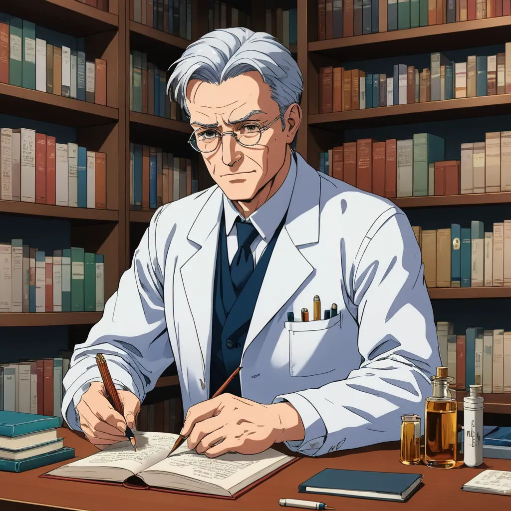 a man in a white suit writing on a book in a library with bookshelves behind him and a pen and glasses on the desk, remodernism, a character portrait, Eizan Kikukawa, official art