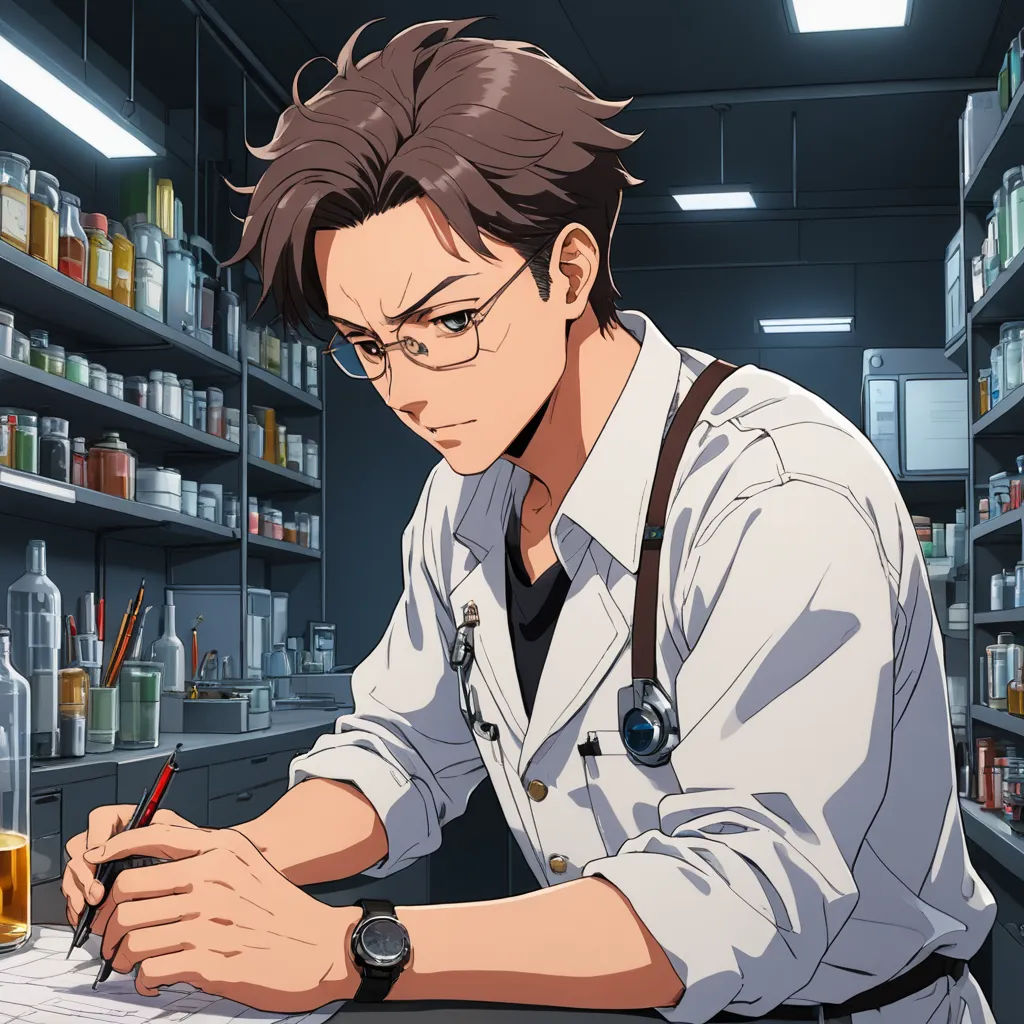 a man sitting at a desk in a pharmacy with a pen and paper in his hand and a bottle of liquid in the background, remodernism, concept art, Alvan Fisher, official art