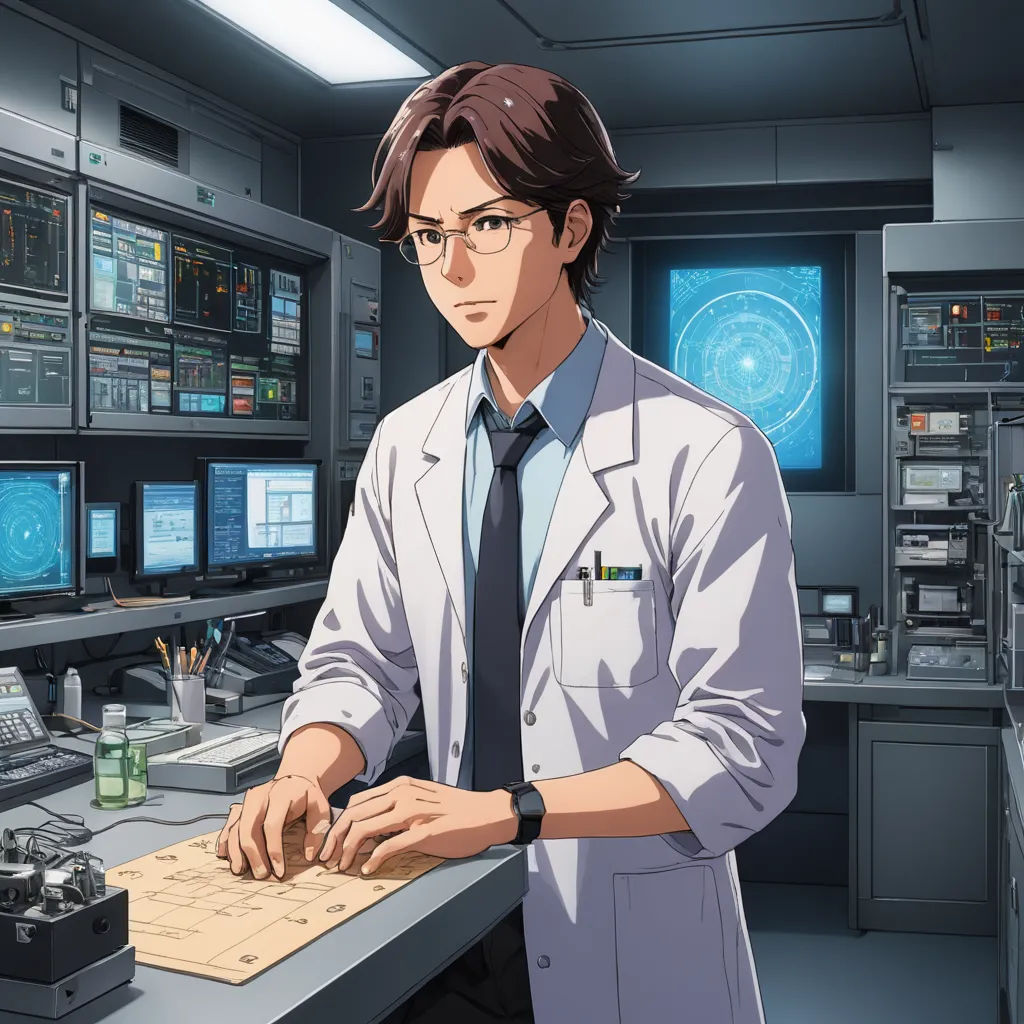 a man in a lab coat standing at a desk with a computer monitor and a keyboard in front of him, rayonism, computer graphics, Aguri Uchida, official art