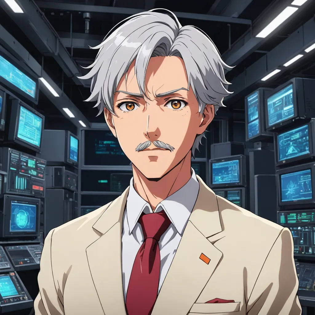 a man in a suit and tie standing in front of a bunch of monitors and monitors in a room, serial art, a character portrait, Eizan Kikukawa, official art