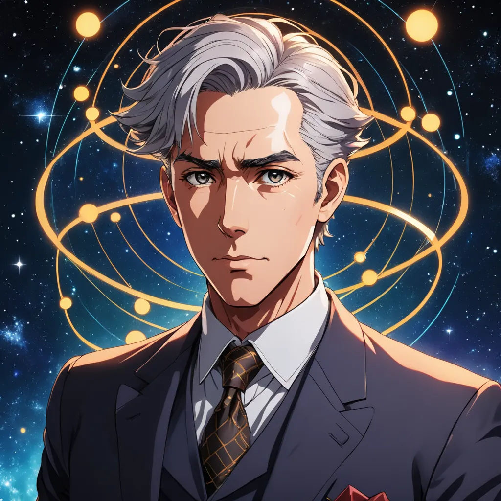 a man in a suit and tie standing in front of a space background with a star in the background, space art, a character portrait, Edmond Xavier Kapp, official art