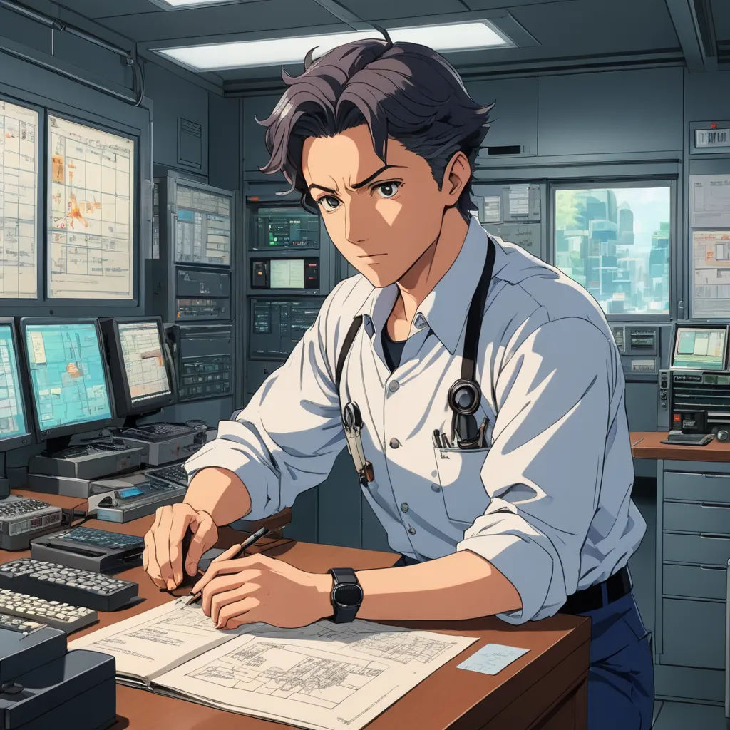 a man sitting at a desk in front of a computer monitor and a keyboard and a monitor screen with multiple monitors, remodernism, computer graphics, Eizan Kikukawa, official art