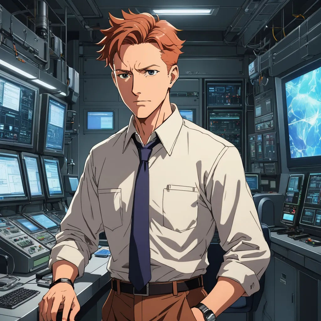 a man in a tie standing in a control room with many monitors on the wall behind him and a laptop on the desk, rayonism, a character portrait, Armin Hansen, official art