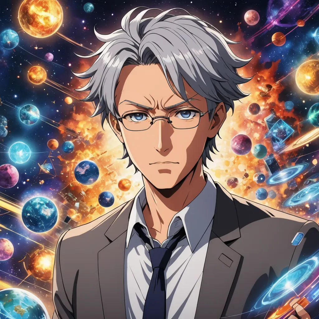 a man in a suit and tie standing in front of a space filled with planets and stars, with a light blue eye, space art, an album cover, Aguri Uchida, official art