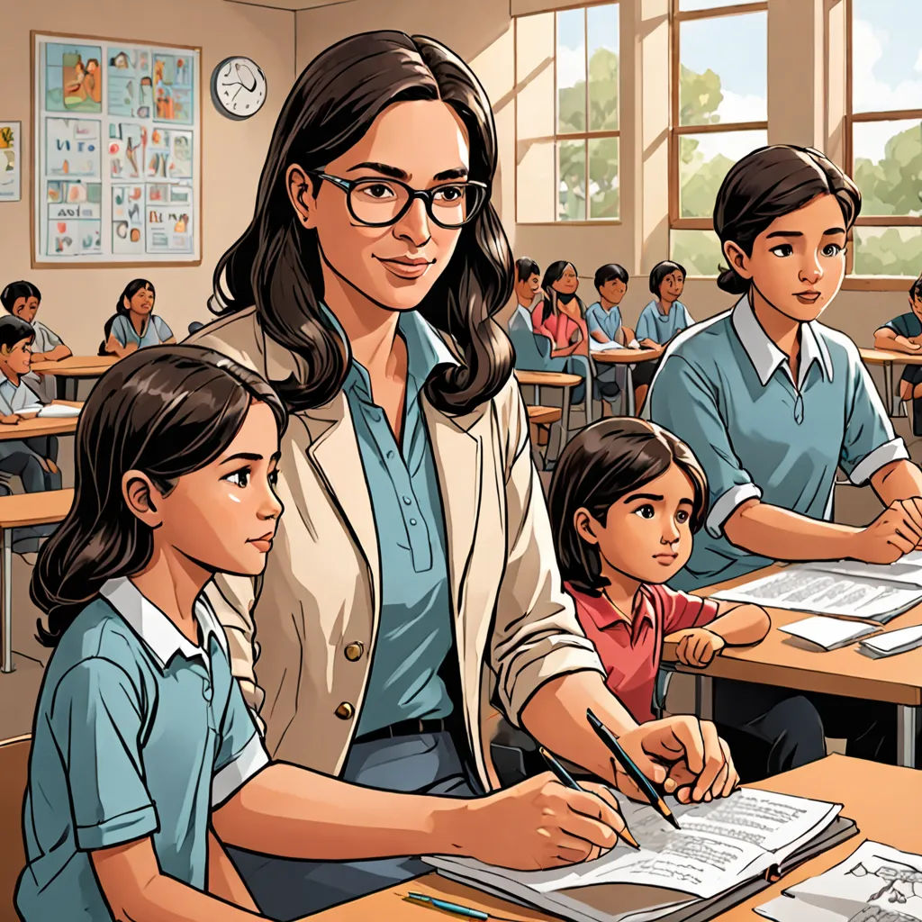 a woman is sitting at a desk with two children in front of her and a man standing behind her, Ella Guru, official art, a comic book panel, bengal school of art
