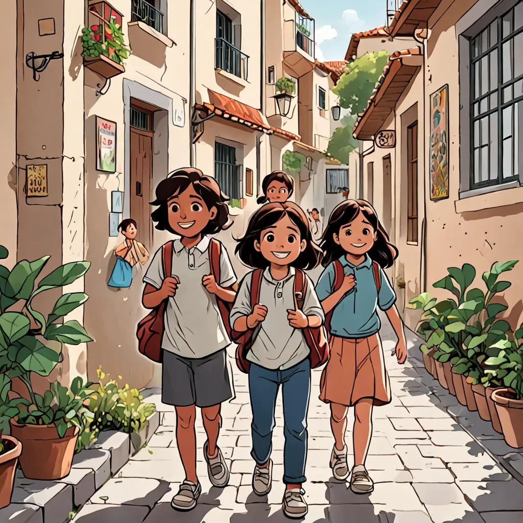 a group of children walking down a street next to a building with potted plants on the side of it, Asaf Hanuka, official art, a comic book panel, paris school