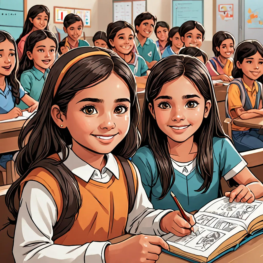 a girl is sitting at a desk with a book and pencil in front of her and a girl is smiling, Artgerm, comic cover art, a comic book panel, paris school
