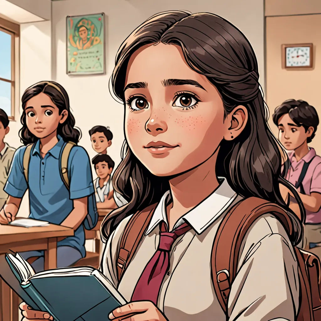 a girl in a classroom with a book in her hand and other children in the background looking on from behind, Artgerm, comic cover art, a comic book panel, paris school