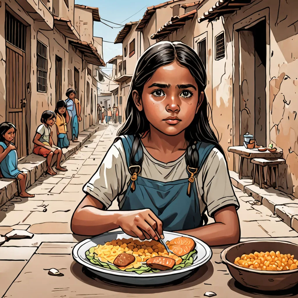 a girl sitting at a table with a plate of food in front of her and a bowl of food in front of her, Asaf Hanuka, comic cover art, a comic book panel, cynical realism