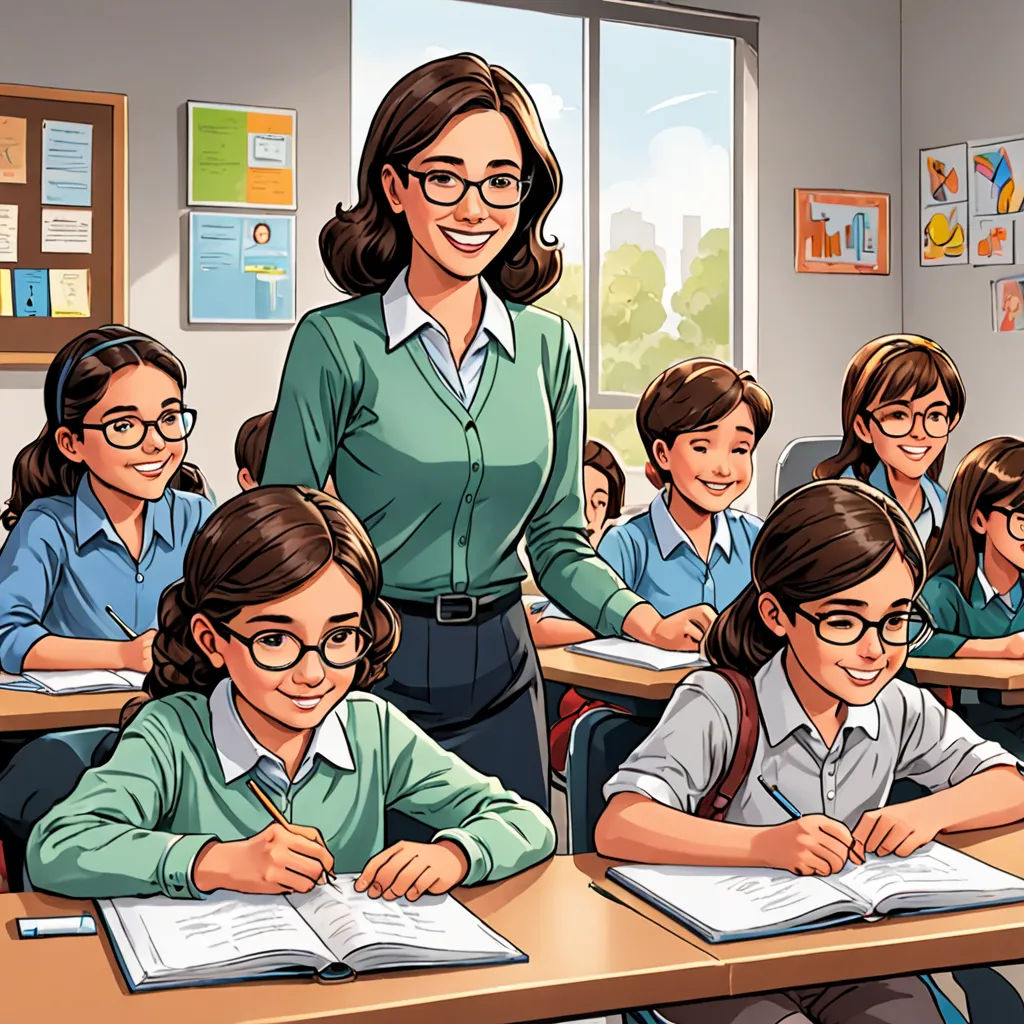 a woman teacher standing in front of a classroom full of students with books and pencils on their desks, Frances Jetter, official art, a comic book panel, danube school