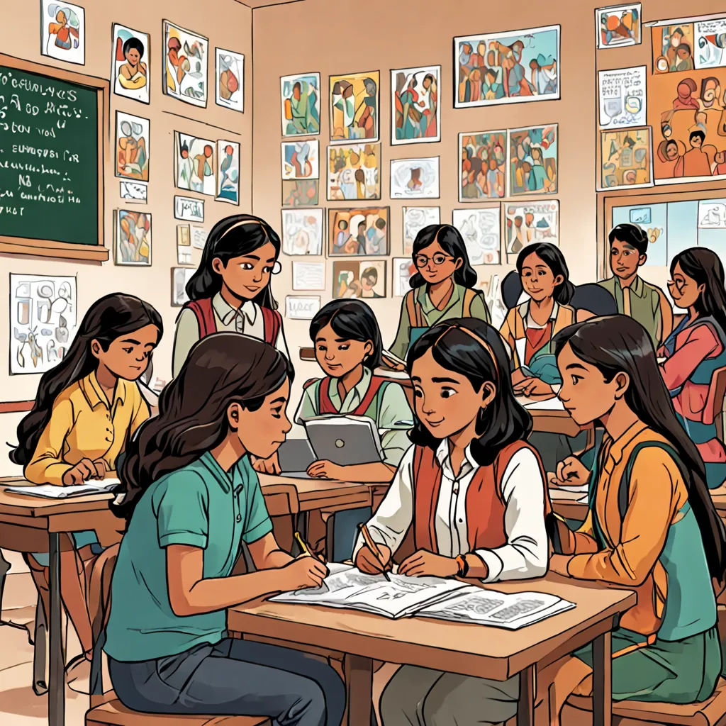 a group of people sitting at a table in a classroom with a laptop computer on it and a teacher standing at the front of the table, Asaf Hanuka, official art, a comic book panel, bengal school of art