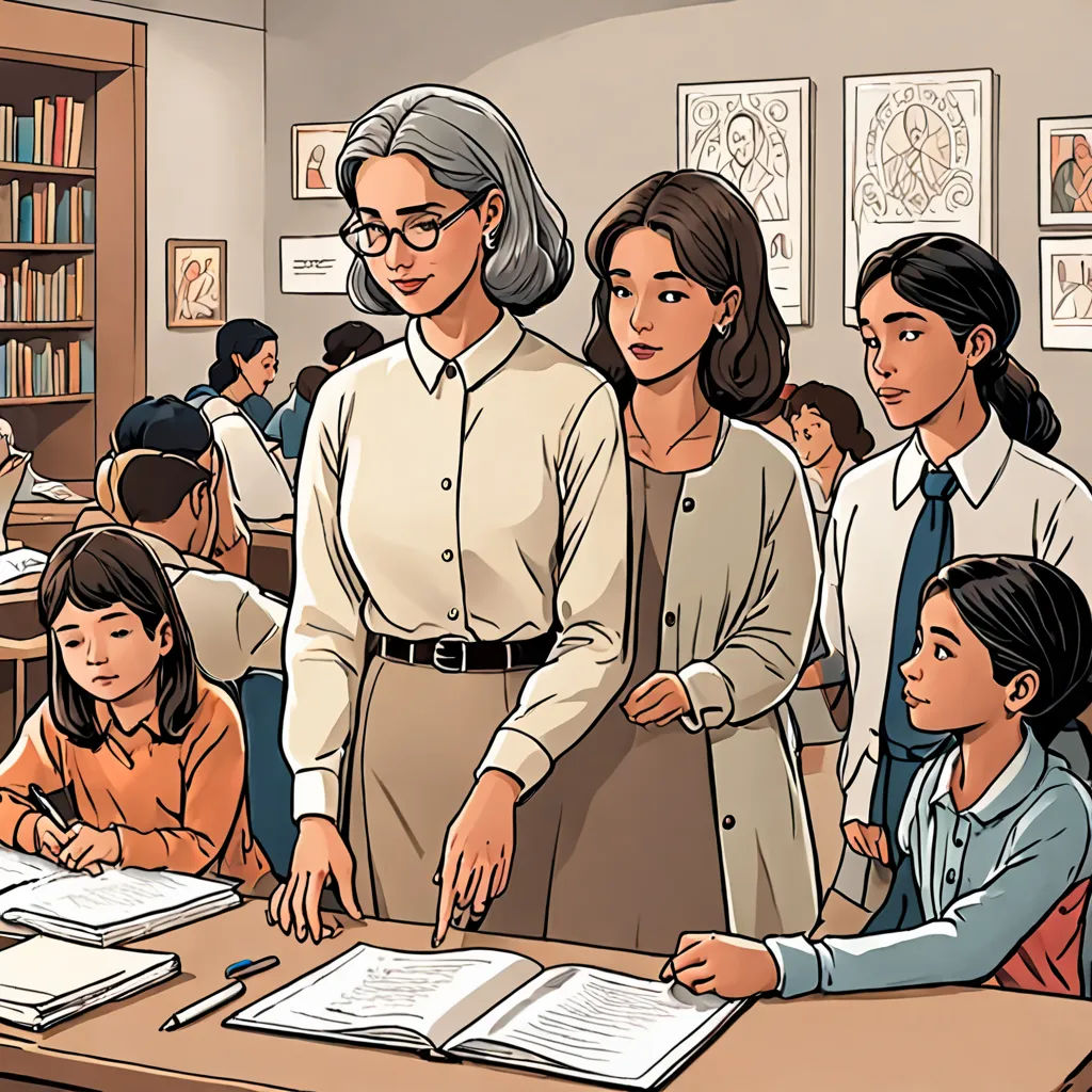 a woman standing in front of a desk with a book on it and a group of people behind her, Art & Language, graphic novel, a comic book panel, academic art