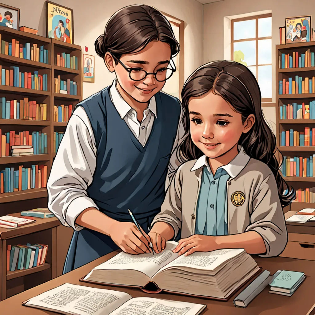 a man and a girl are standing in front of a bookcase and a desk with books on it, Colin Middleton, storybook illustration, a storybook illustration, bengal school of art