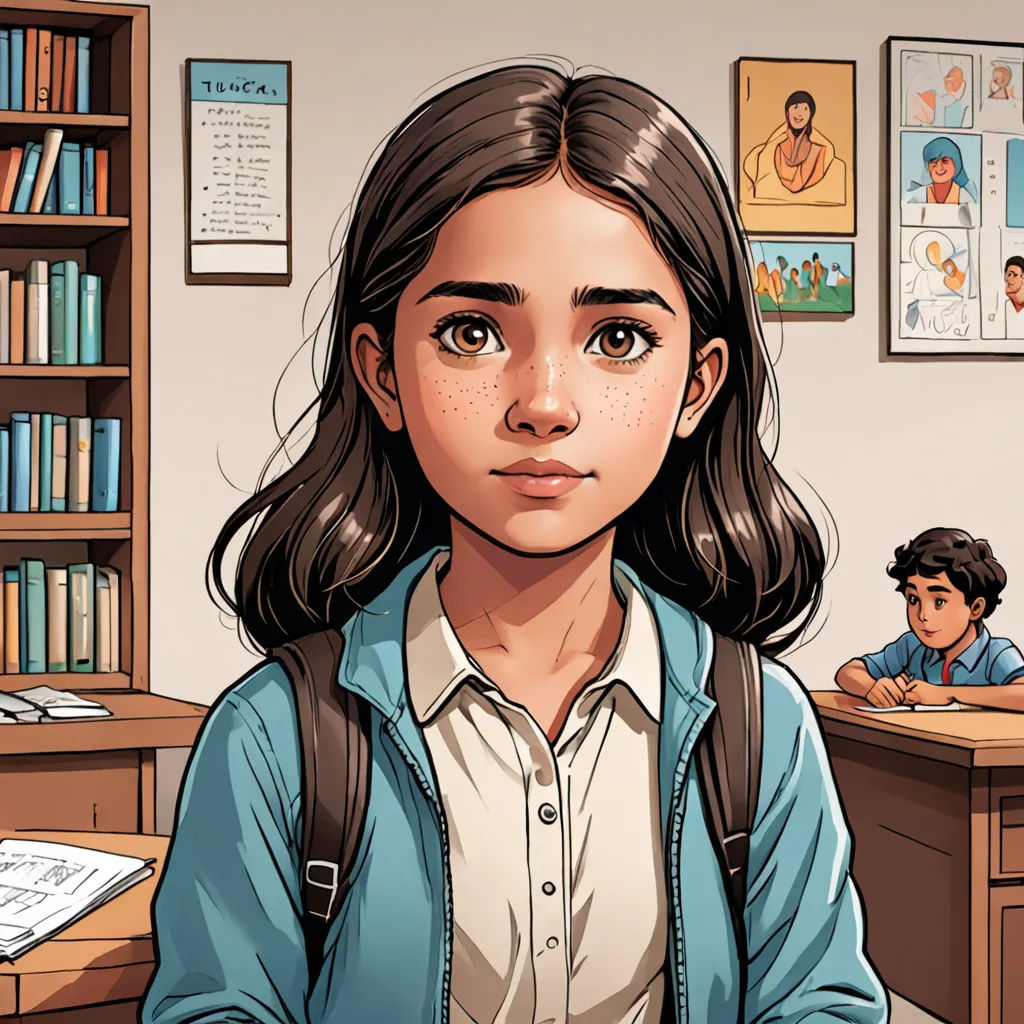 a girl sitting at a desk in a library with a boy behind her looking at the camera and a boy behind her, Asaf Hanuka, comic cover art, a comic book panel, vancouver school