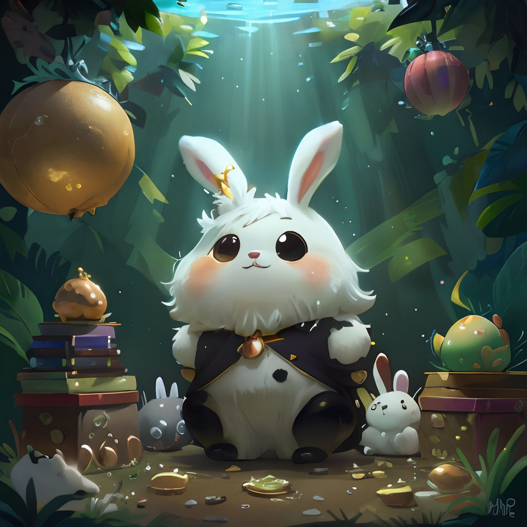 a rabbit sitting on a pile of books in a forest with a gold crown on its head and a rabbit in a black dress
