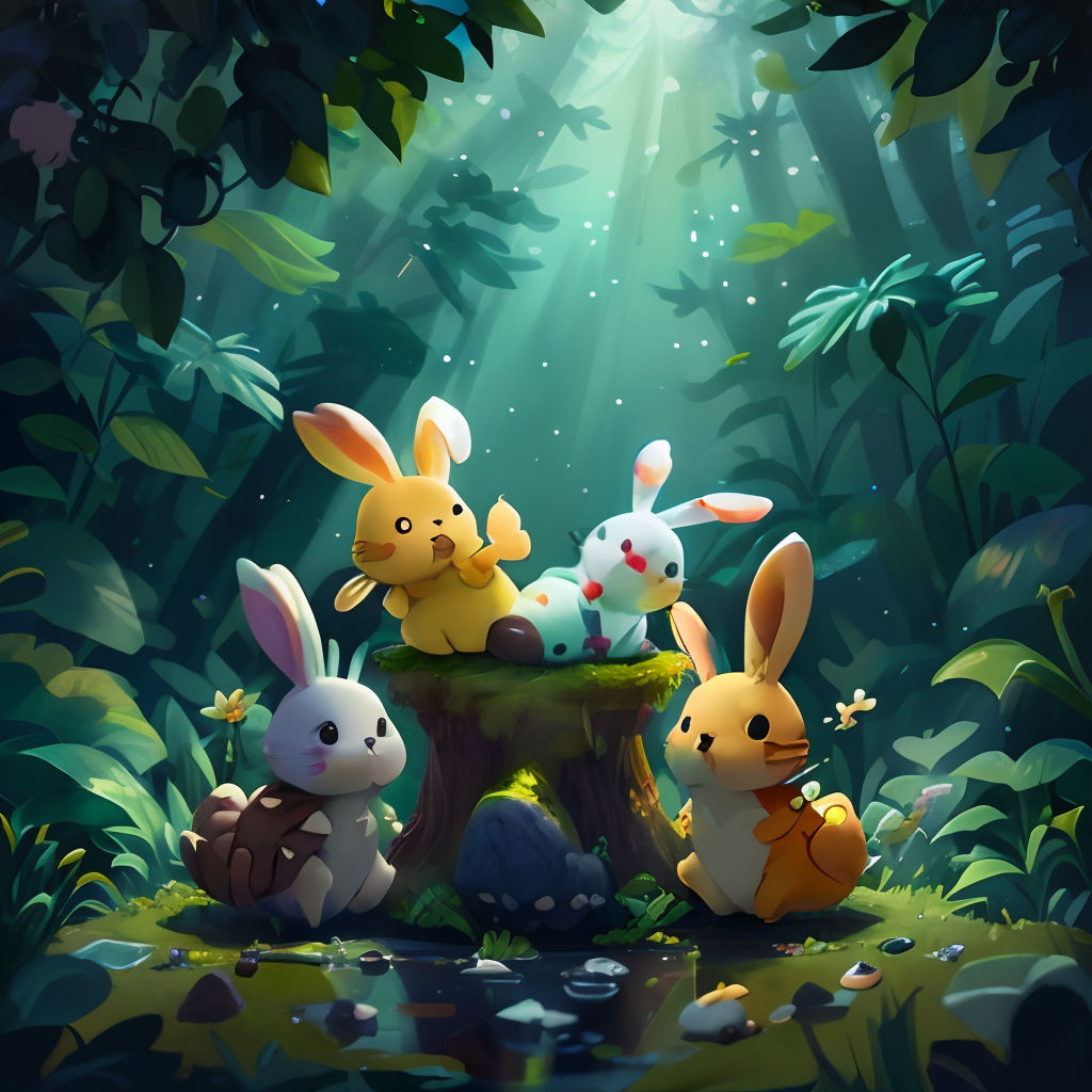 a group of rabbits sitting on top of a stump in the forest next to a pond of water and plants