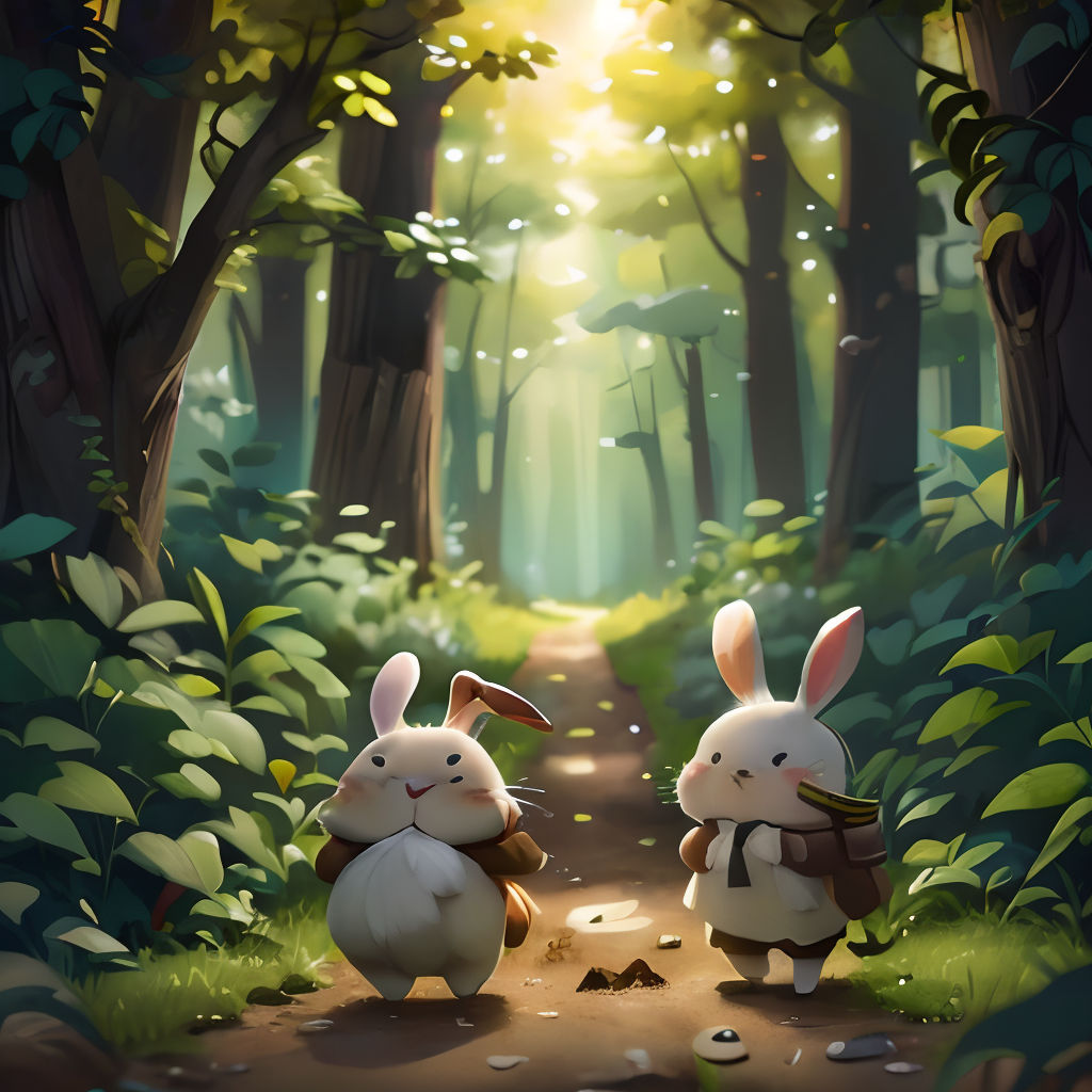 two rabbits are walking down a path in the woods with sunlight shining through the trees behind them and a forest path with trees and leaves