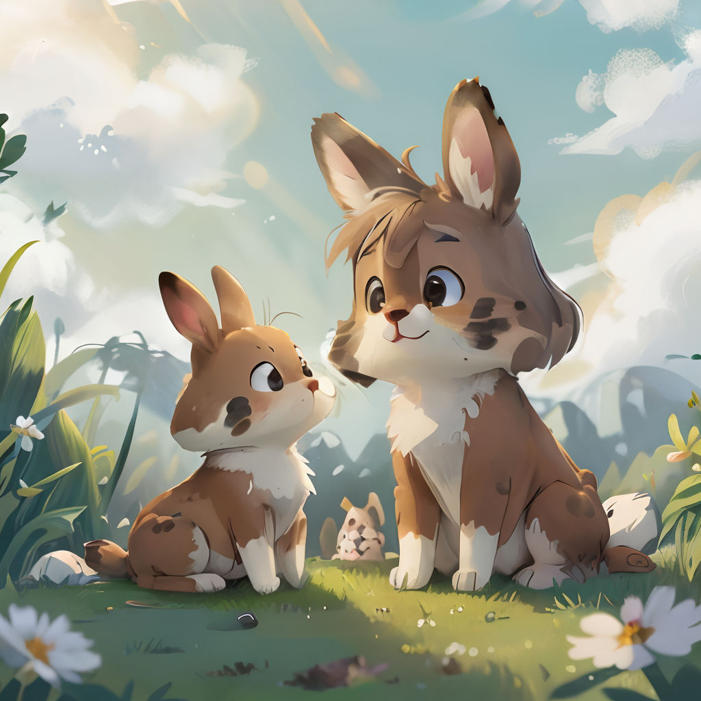 a couple of animals sitting on top of a lush green field next to a forest filled with flowers and clouds