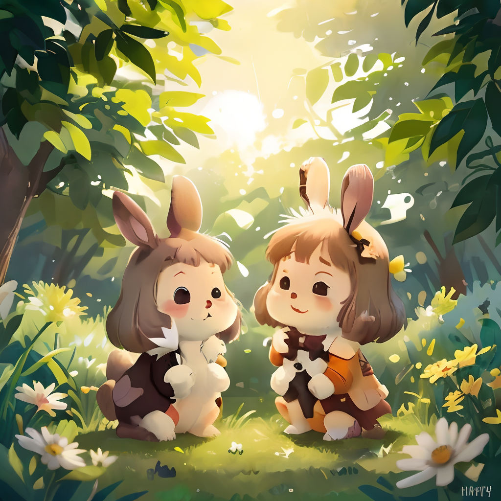 two little girls sitting in the grass with bunnies on their heads and a bunny on their lap,