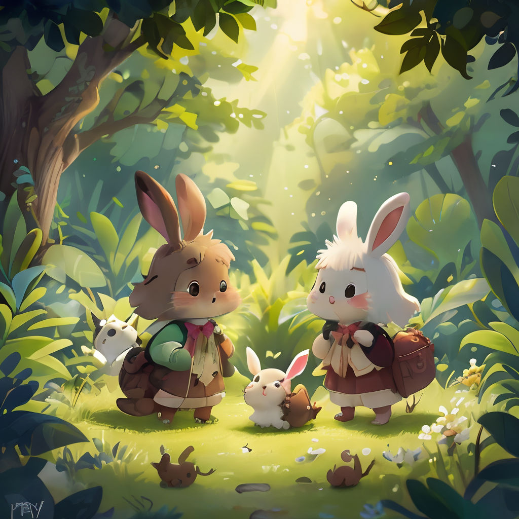 a couple of rabbits standing next to each other in a forest with trees and grass behind them, with a sunbeam