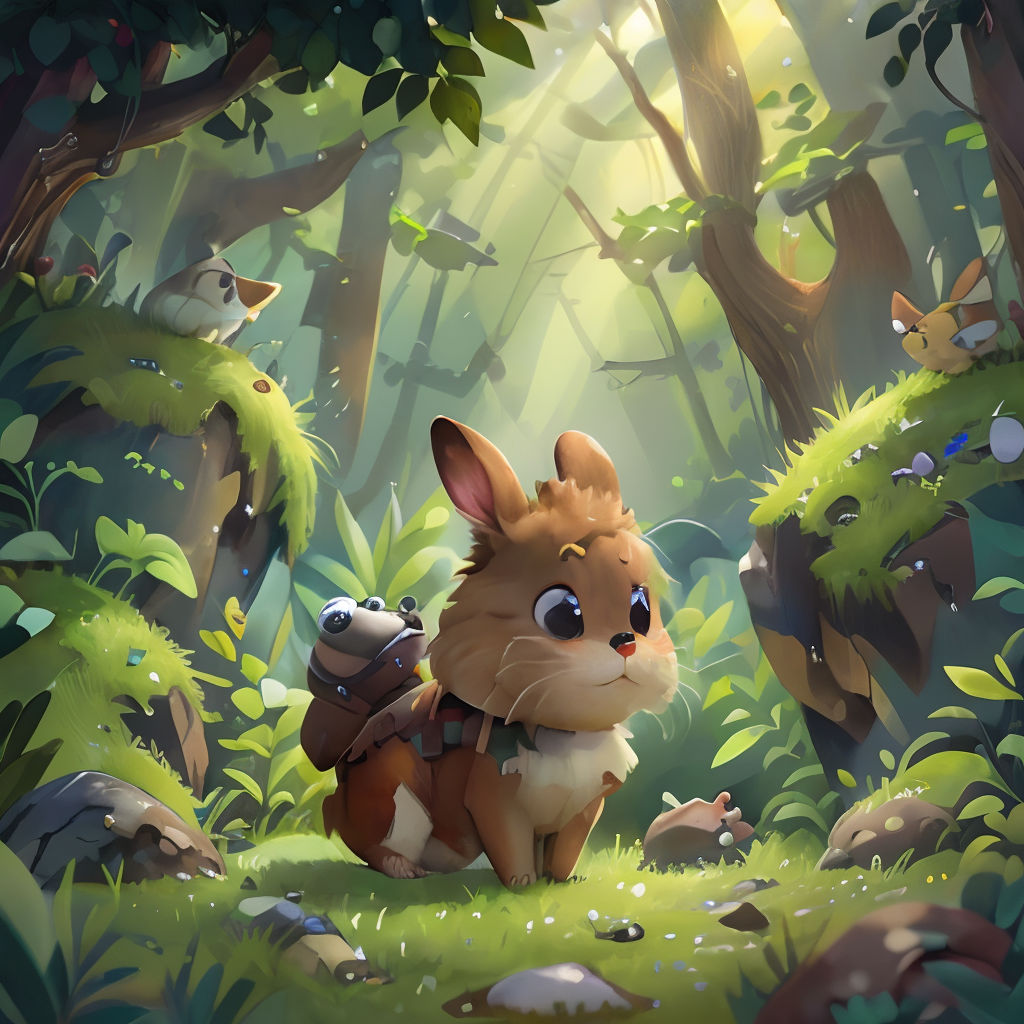 a rabbit and a dog in a forest with a forest background and sunlight coming through the trees and leaves
