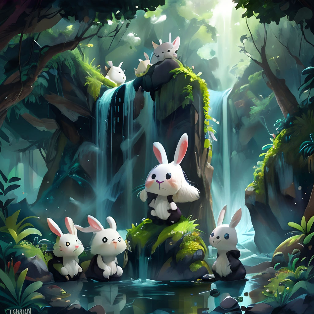a group of rabbits sitting on top of a lush green forest next to a waterfall with a waterfall in the background